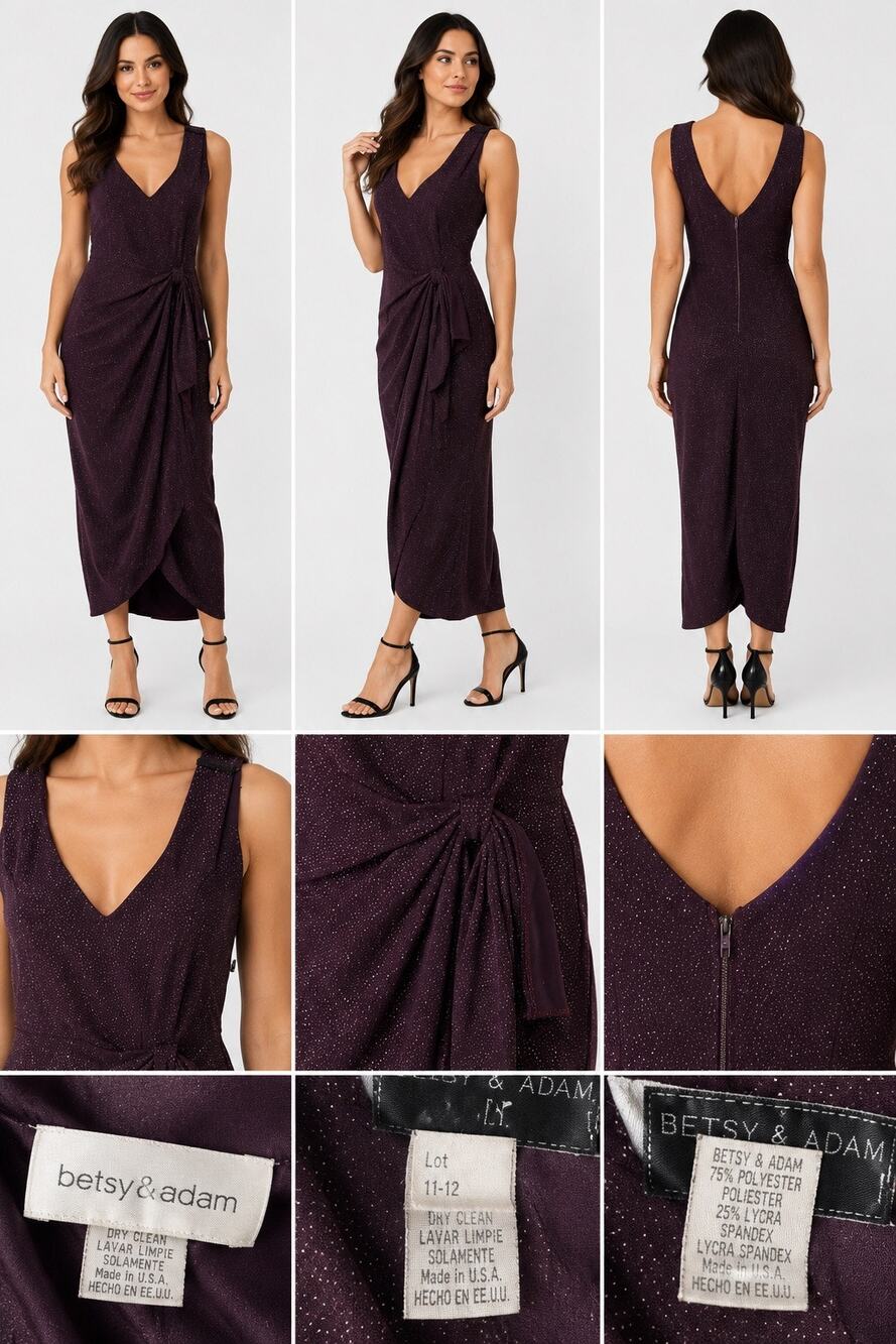 Vintage Betsy & Adam Size 11/12 Plum Purple Metallic Glitter Draped Maxi Dress